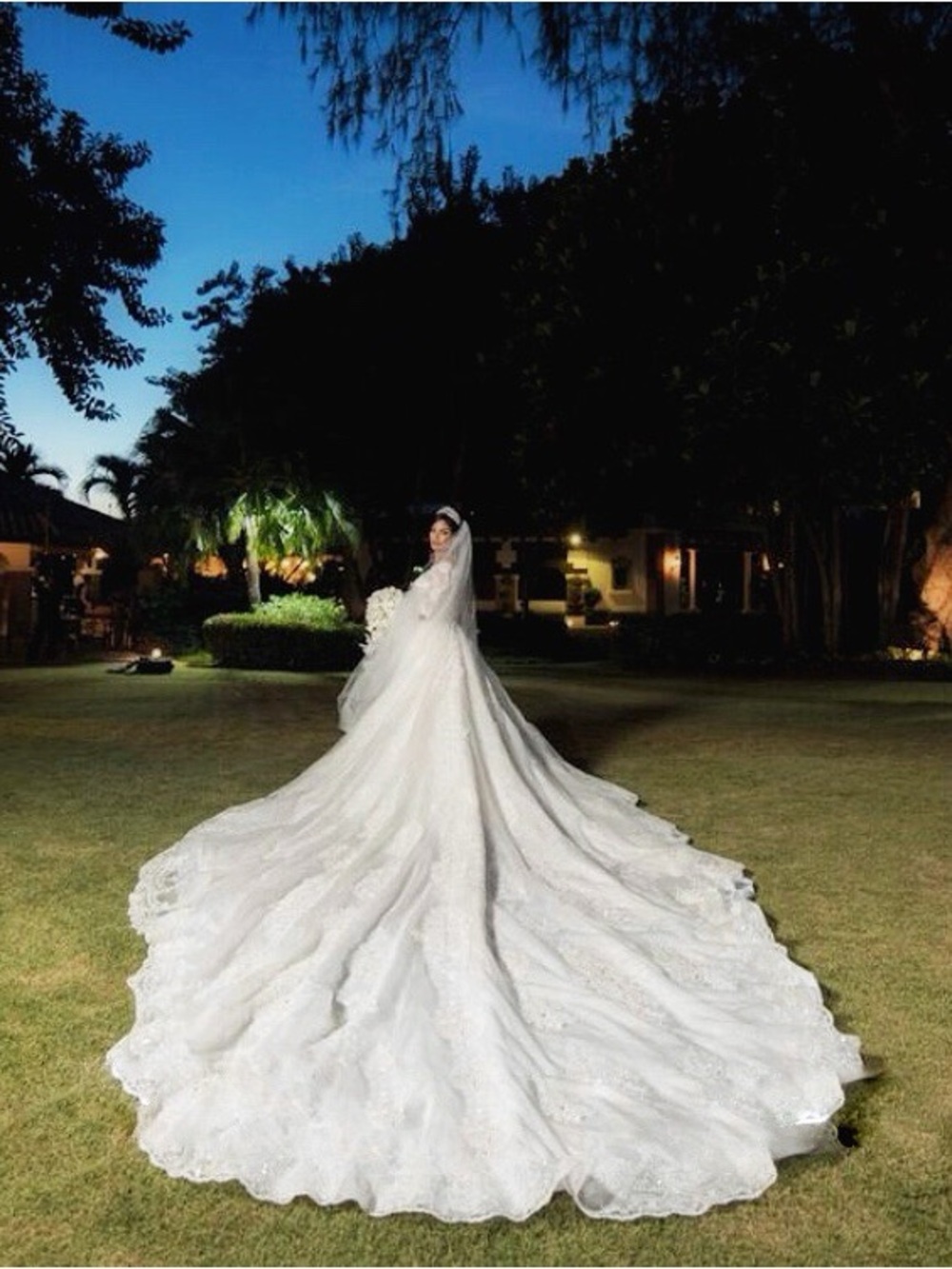 Pronovias Strapless Lace Ball Gown in Ivory and White